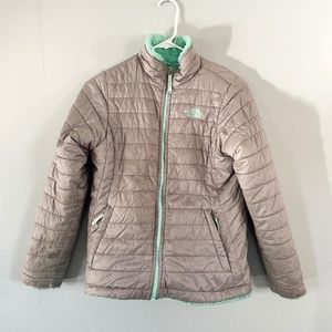 The North Face Gray/Teal Reversible Girls Large Puffer Fuzzy Soft Coat Kids